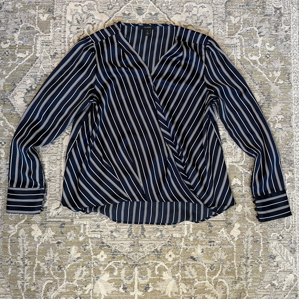 Halogen navy blue and white striped top with layered front